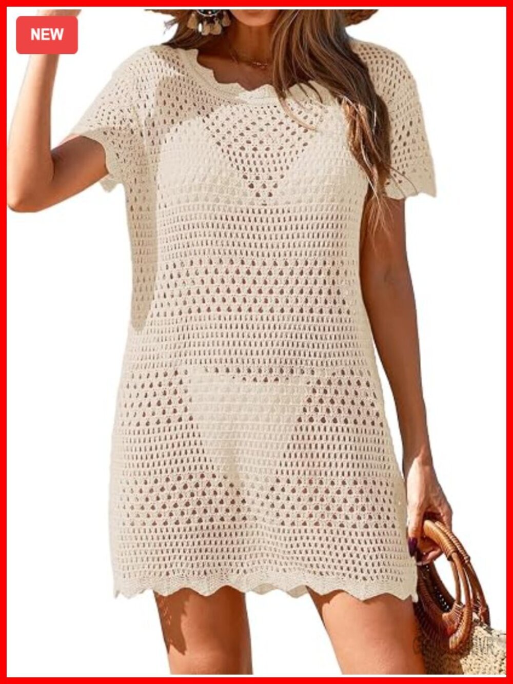 Crochet Swimsuit Cover Up Mini Dress Boat Neck Short Sleeve Scalloped Hem